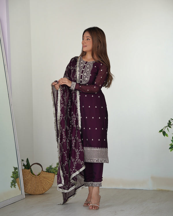 Lorenvalley Wine Rangoli Silk Embroidery Sequence And Thread Work Kurta Trousers with Dupatta Set - Distacart