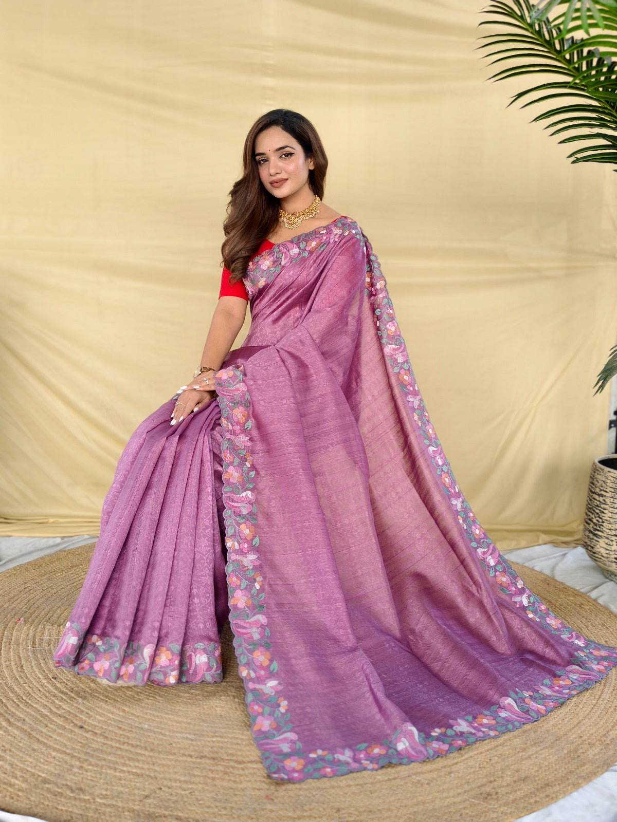 Mameraa Sarees Onion Pink Tussar Saree With Contrast Embroidery With Running Blouse-Onion_Pink - Dista