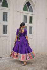 Thumbnail for Lorenvalley Fashion Purple Roman Silk with Thread with mirror work & Maslin Crochet Print Work Gown