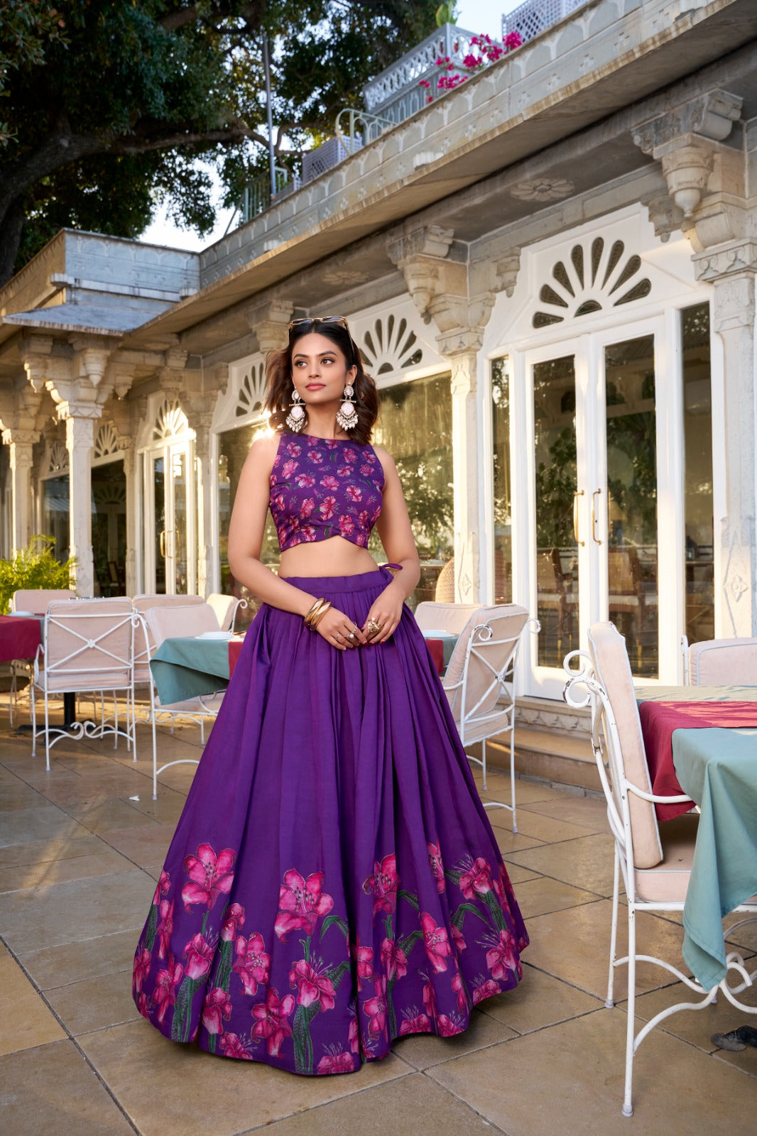 Lorenvalley Purple Tussar Silk Floral Print With Foil Work Lehenga Choli with Dupatta - Distacart