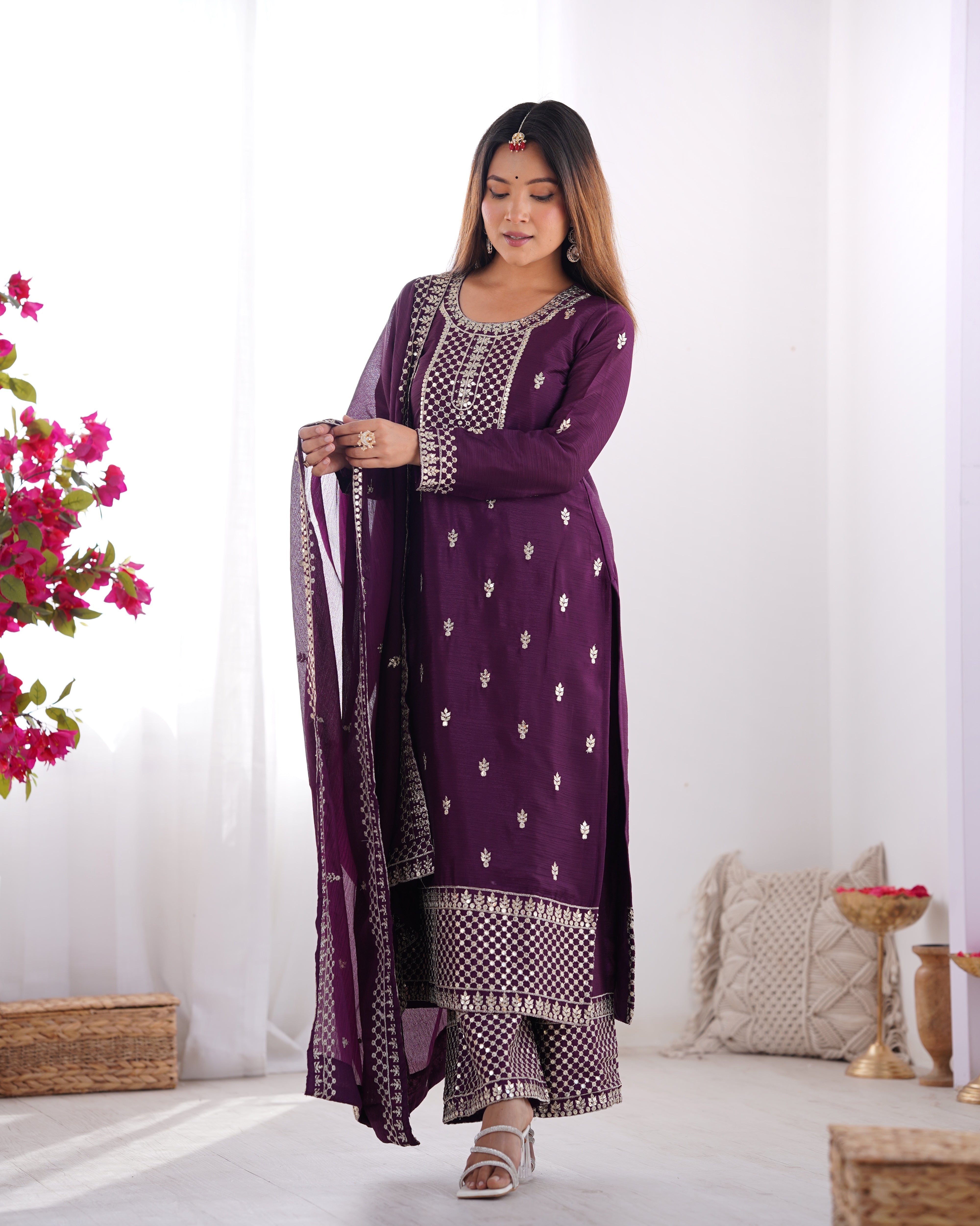 Lorenvalley Purple Chinon Silk Embroidery Sequence and Jari Work Kurta Trousers with Dupatta Set - Distacart