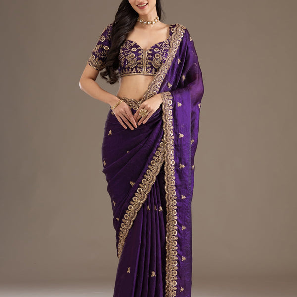 Lorenvalley Fashion Purple Fendi Satin with Embroidery Double Sequence Work Saree with Blouse - Distacart