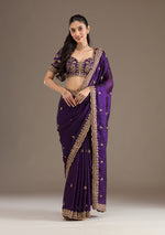 Thumbnail for Lorenvalley Fashion Purple Fendi Satin with Embroidery Double Sequence Work Saree with Blouse