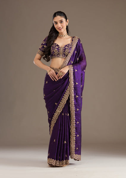 Lorenvalley Fashion Purple Fendi Satin with Embroidery Double Sequence Work Saree with Blouse