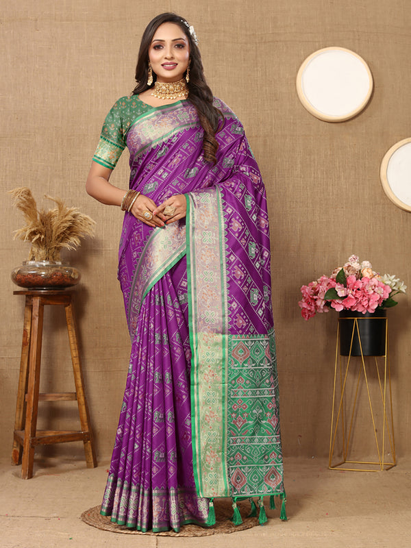 Lorenvalley Fashion Purple Patola Silk Woven Design with Zari Meenakari Weaving motifs Pallu Saree - Distacart
