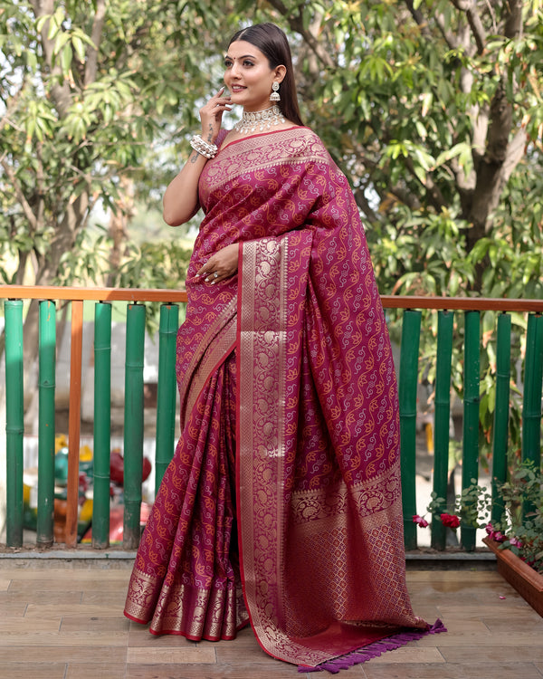 Lorenvalley Premium Bandhej Patola Silk Sarees with kanchi Borders and Contrast Zari Weaving borders Saree - Purple - Distacart