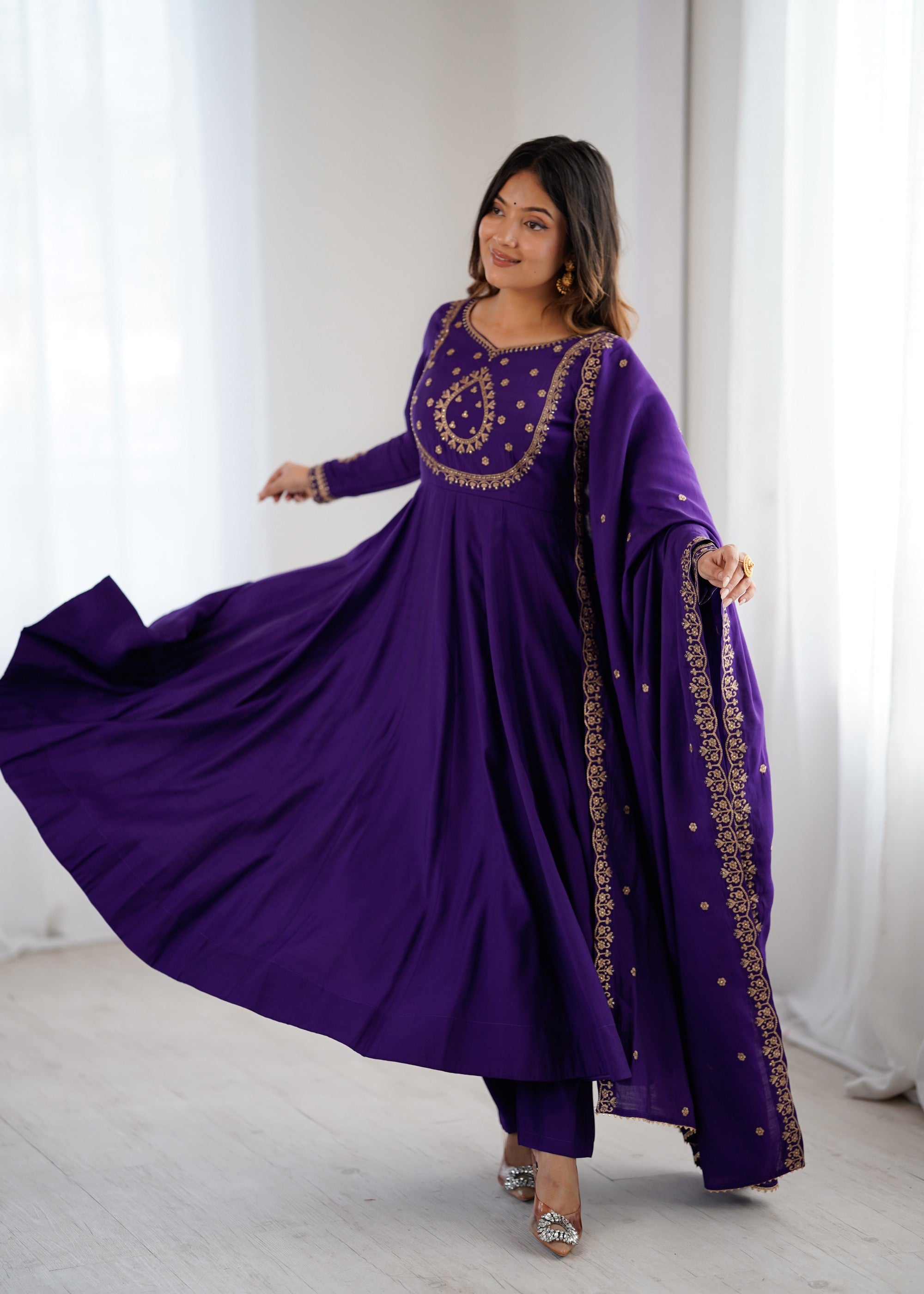 Lorenvalley Fashion Purple Roman Chanderi Silk Handwork Beads Work Anarkali Pant with Dupatta - Distacart