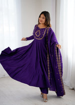 Thumbnail for Lorenvalley Fashion Purple Roman Chanderi Silk Handwork Beads Work Anarkali Pant with Dupatta - Distacart