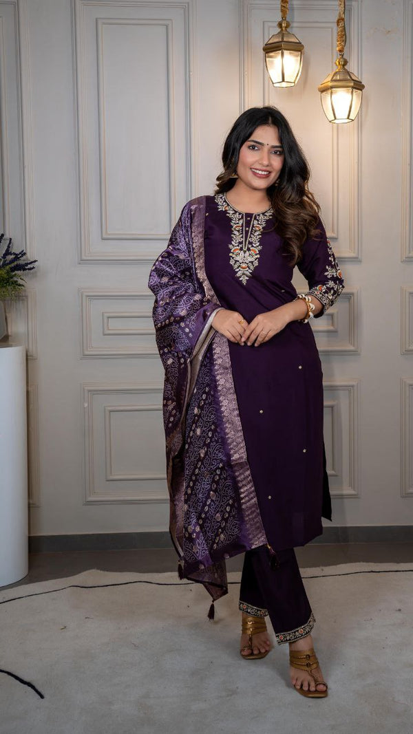Lorenvalley Fashion Purple Roman Silk Embroidery Multi Work Kurta Pant with Dupatta