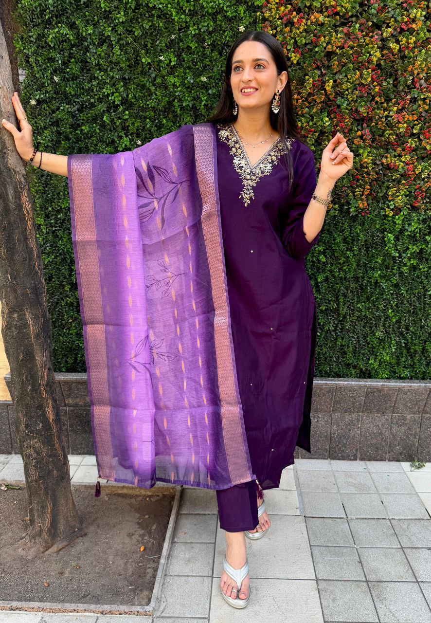 Lorenvalley Fashion Purple Roman Silk Hand Work Kurta Pant with Dupatta