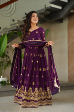 Thumbnail for Lorenvalley Fashion Purple Faux Georgette with Zari & Sequins Embroidered Work Anarkali Gown with Dupatta