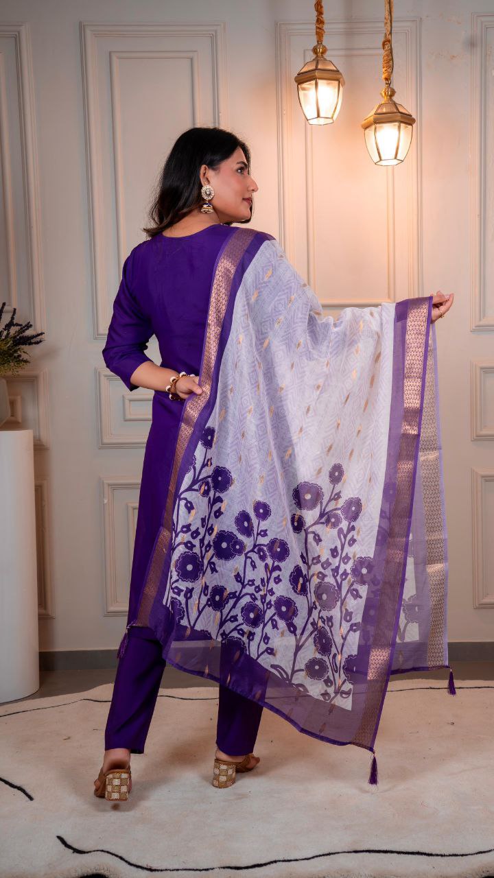 Lorenvalley Fashion Purple Roman Silk Hand Work Kurta Pant with Dupatta