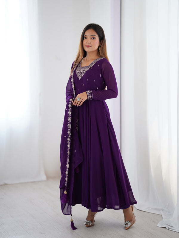 Lorenvalley Purple Faux Georgette Fancy Embroidery Beads And Jari Work Anarkali Kurta Palazzo With Dupatta Set