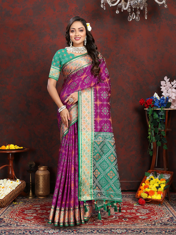Lorenvalley Fashion Purple Patola Silk Woven Design with Zari Meenakari Weaving motifs Pallu Saree - Distacart