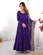 Thumbnail for Lorenvalley Women Pure Roman silk Chanderi Fabric Layer Gathering Anarkali Kurta Pant With Dupatta Set