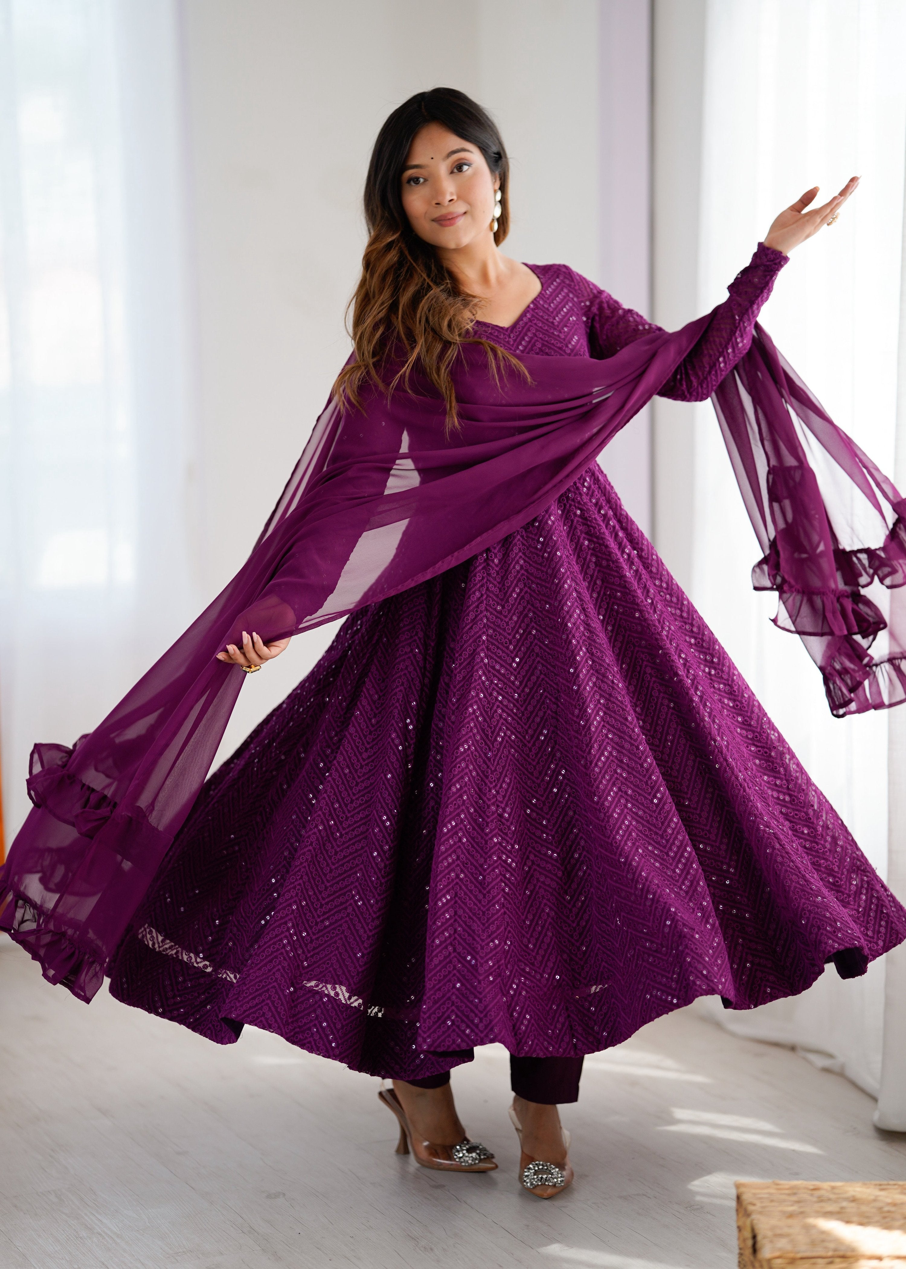 Lorenvalley Purple Faux Georgette Lukhnowi Sequence Work Anarkali Kurta Pant With Dupatta Set