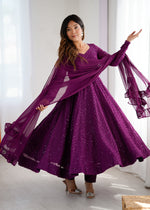 Thumbnail for Lorenvalley Purple Faux Georgette Lukhnowi Sequence Work Anarkali Kurta Pant With Dupatta Set