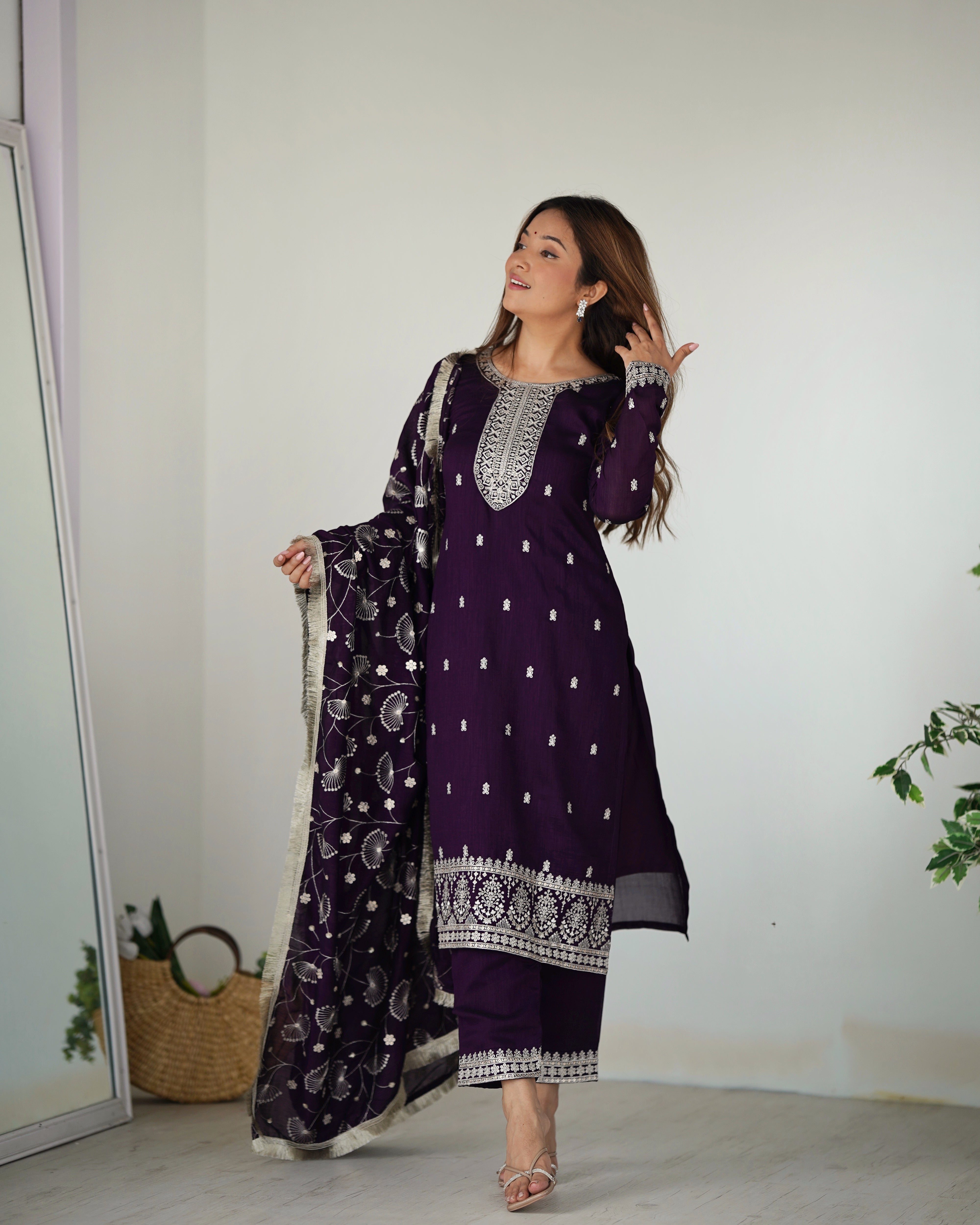 Lorenvalley Purple Rangoli Silk Embroidery Sequence and Jari Work Kurta Trousers with Dupatta Set - Distacart