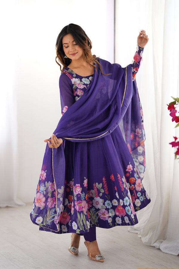Lorenvalley Purple Soft Organza Silk With Floral Print Fully Flared Anarkali Pant With Dupatta Set