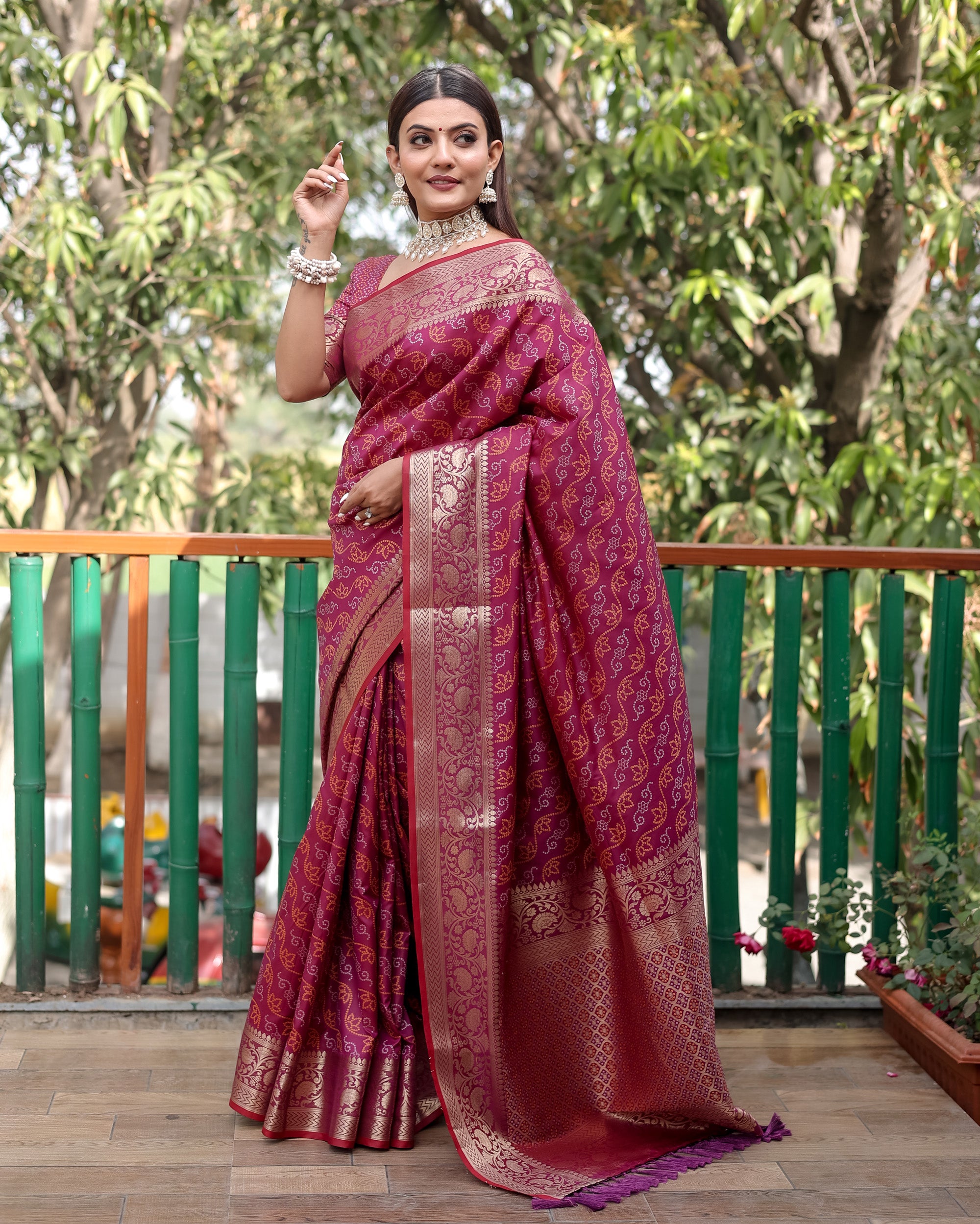 Lorenvalley Premium Bandhej Patola Silk Sarees with kanchi Borders and Contrast Zari Weaving borders Saree - Purple - Distacart