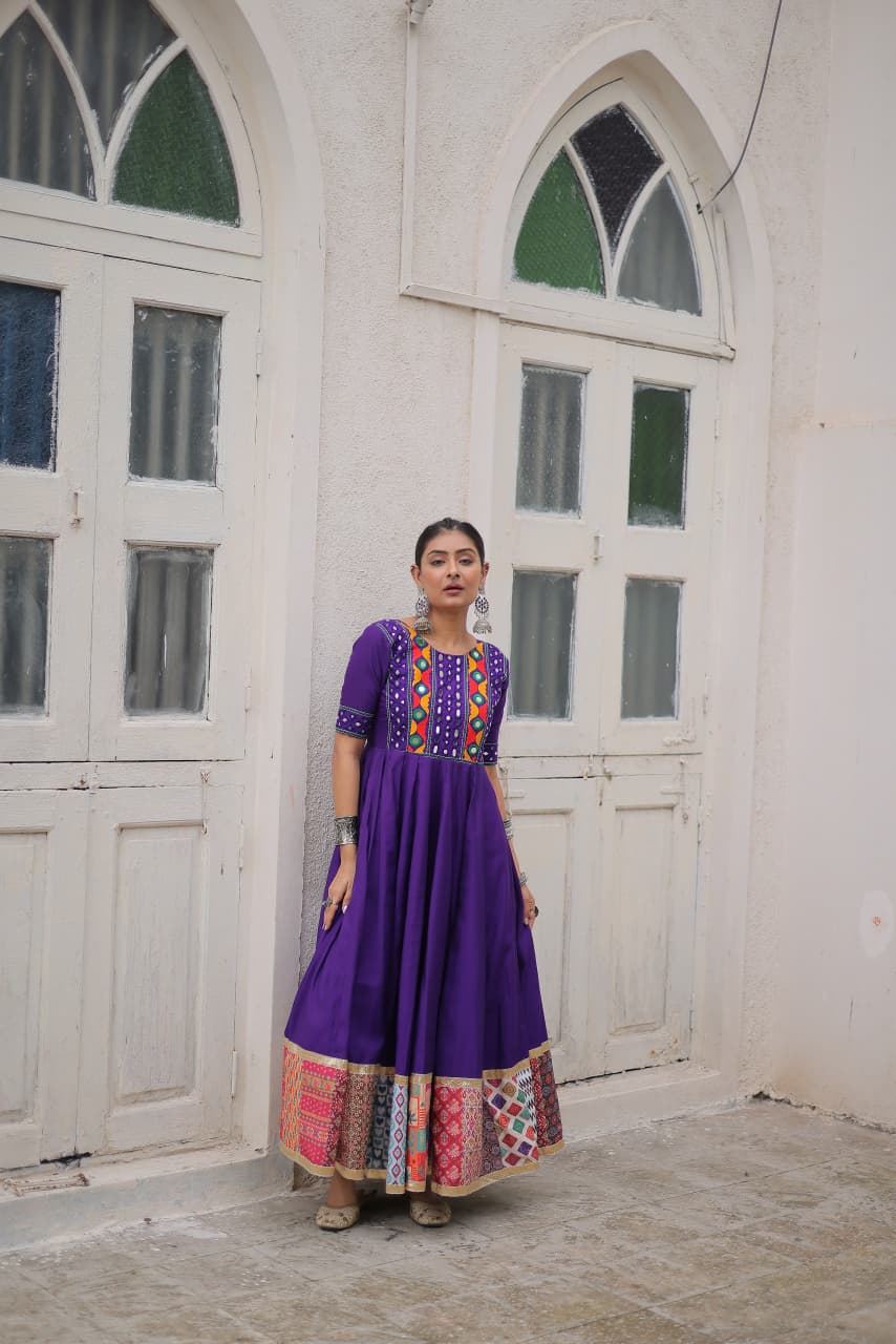 Lorenvalley Fashion Purple Roman Silk with Thread with mirror work & Maslin Crochet Print Work Gown