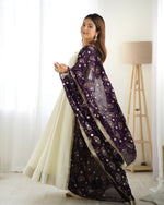 Thumbnail for Lorenvalley White Vichitra Silk Fabric Fully Flared Anarkali Pant With Dupatta Set - Distacart