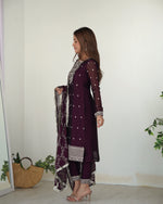 Thumbnail for Lorenvalley Wine Rangoli Silk Embroidery Sequence And Thread Work Kurta Trousers with Dupatta Set - Distacart