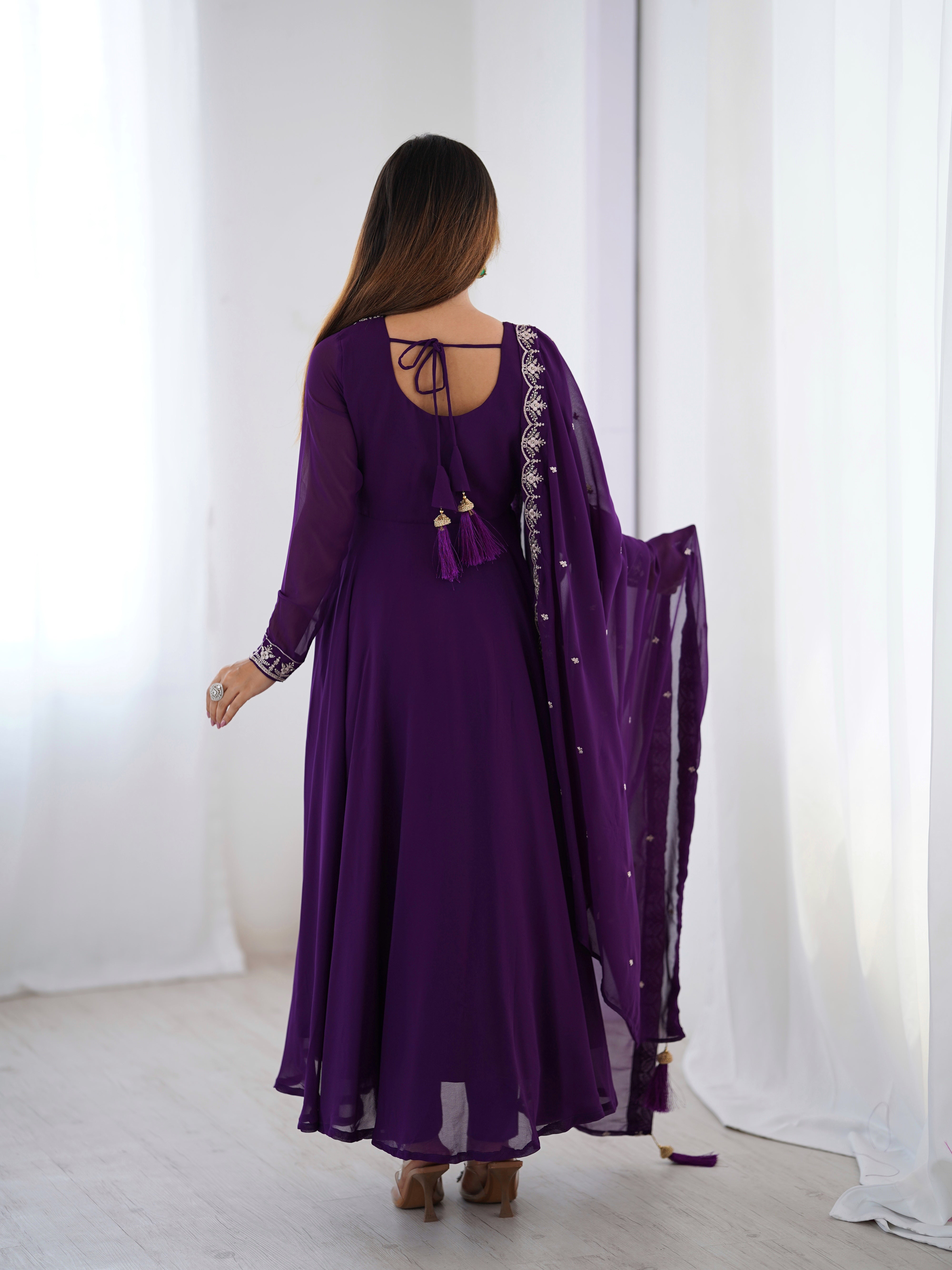 Lorenvalley Purple Faux Georgette Fancy Embroidery Beads And Jari Work Anarkali Kurta Palazzo With Dupatta Set