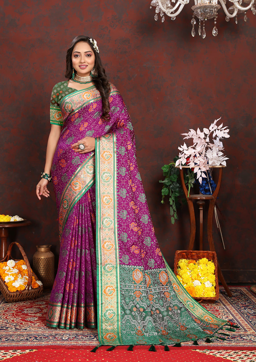 Lorenvalley Fashion Purple Patola Silk Woven Design with Zari Meenakari Weaving motifs Pallu Saree - Distacart