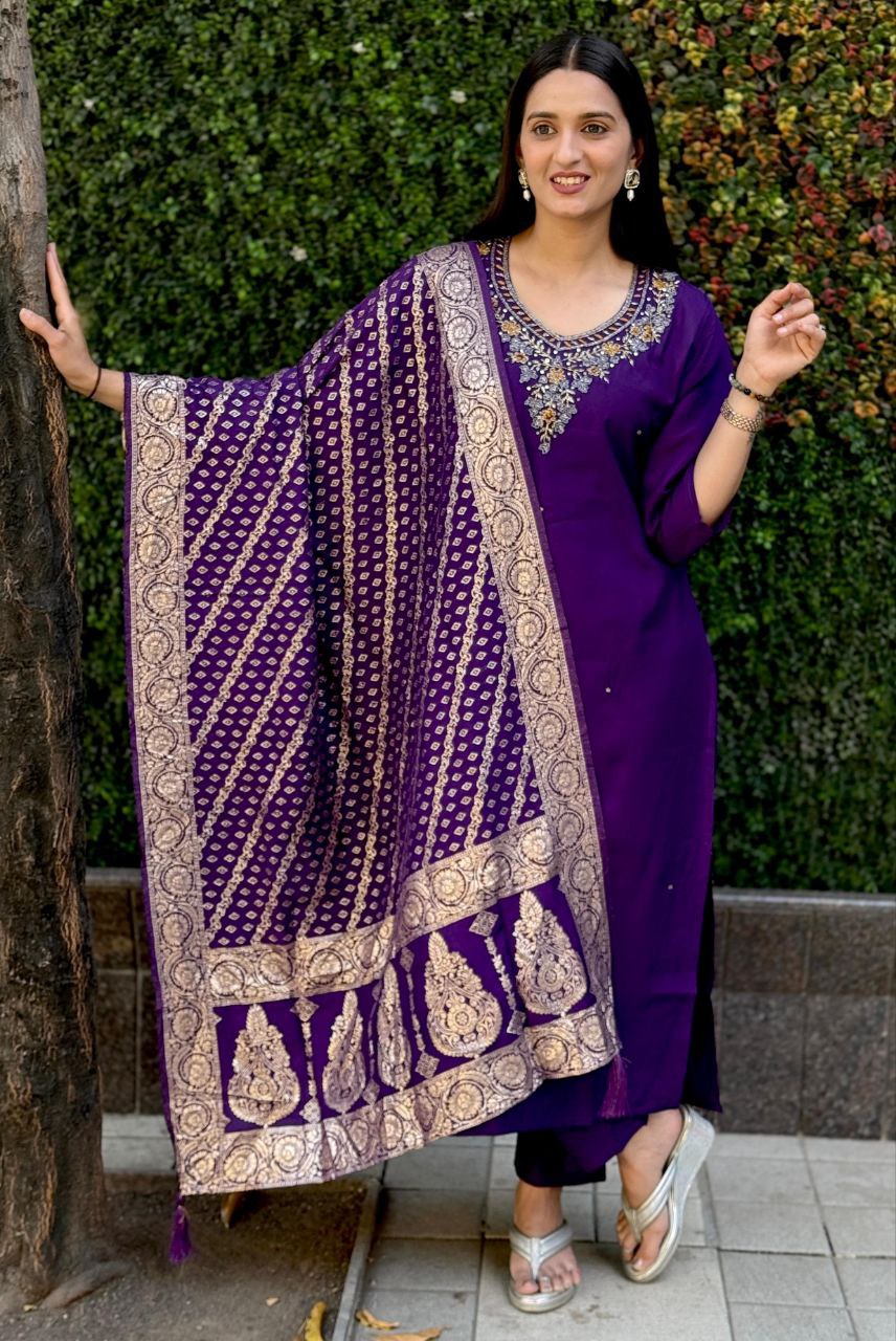 Lorenvalley Fashion Purple Roman Silk Hand Work Kurta Pant with Dupatta