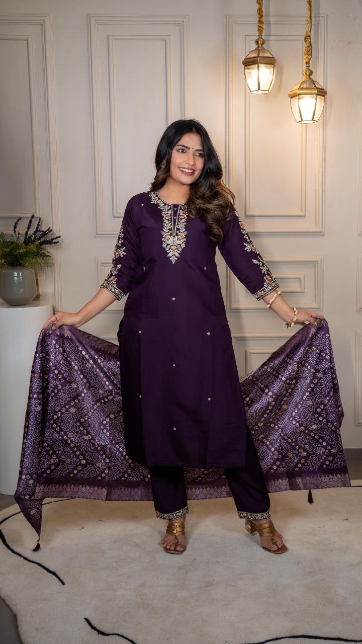 Lorenvalley Fashion Purple Roman Silk Embroidery Multi Work Kurta Pant with Dupatta