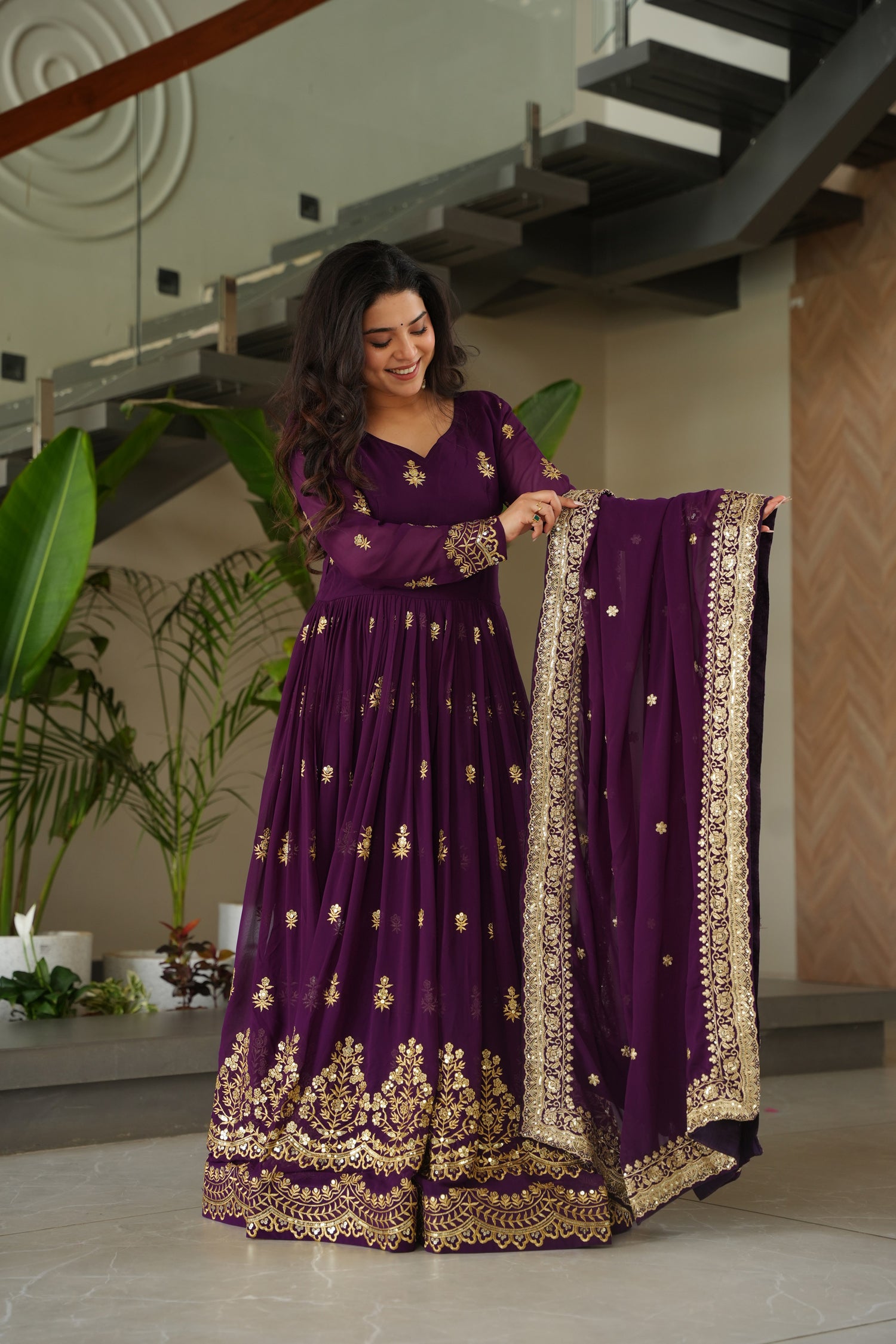 Lorenvalley Fashion Purple Faux Georgette with Zari & Sequins Embroidered Work Anarkali Gown with Dupatta