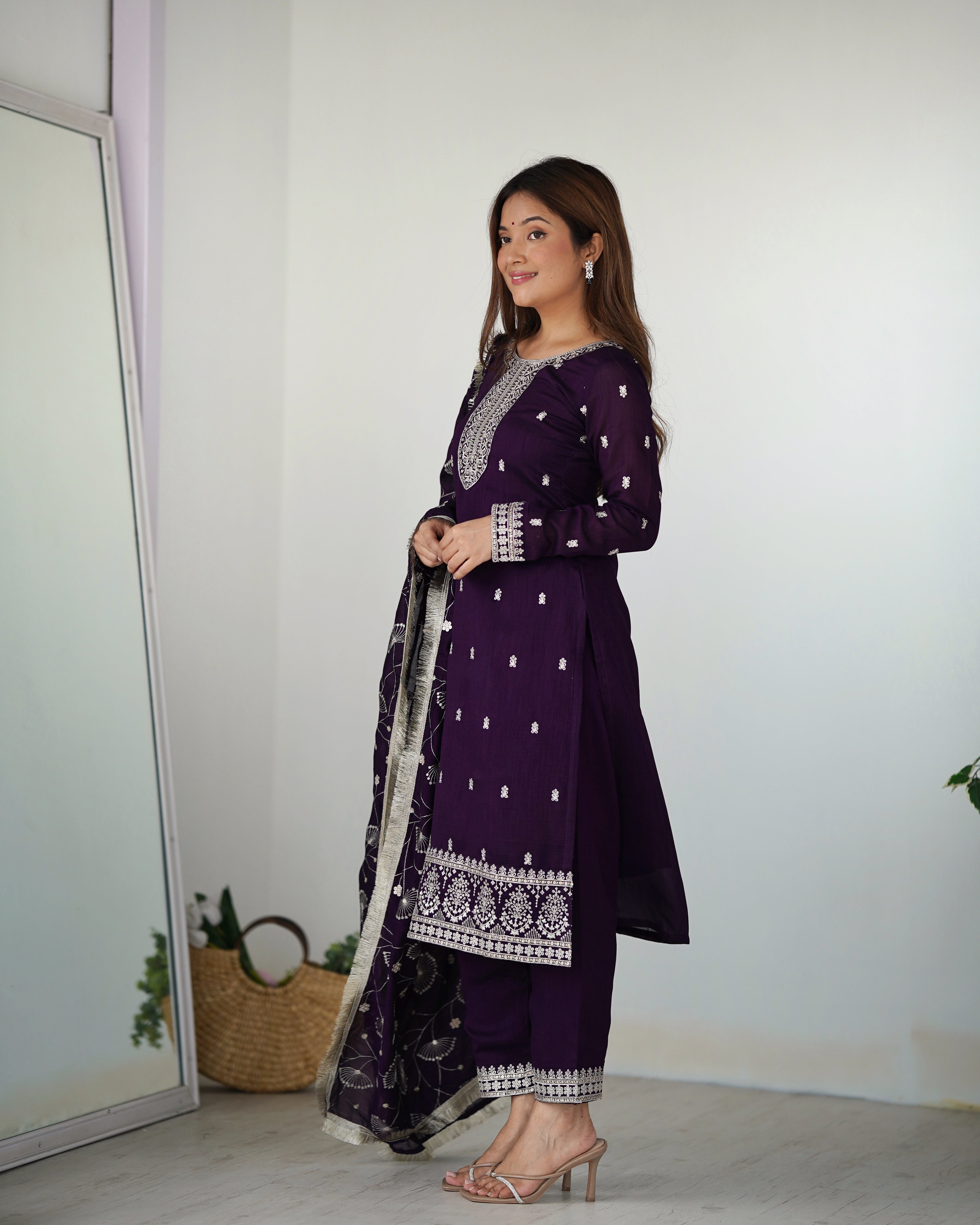 Lorenvalley Purple Rangoli Silk Embroidery Sequence and Jari Work Kurta Trousers with Dupatta Set