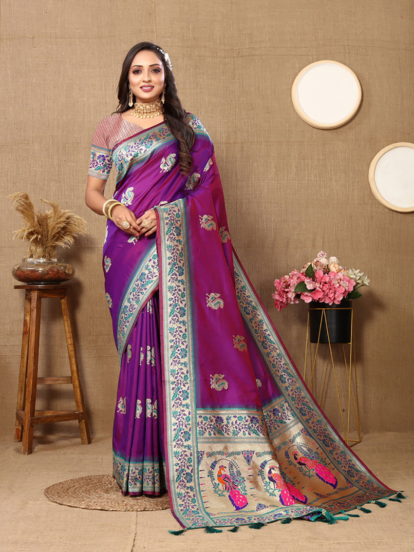 Lorenvalley Fashion Purple Soft Paithani Silk Woven Design Rich Meenakari Zari Weaving Pallu Saree - Distacart