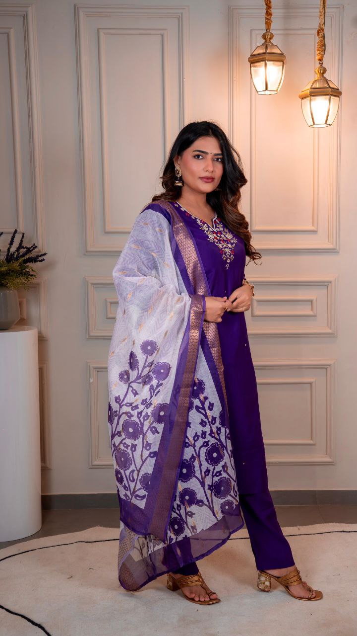 Lorenvalley Fashion Purple Roman Silk Hand Work Kurta Pant with Dupatta