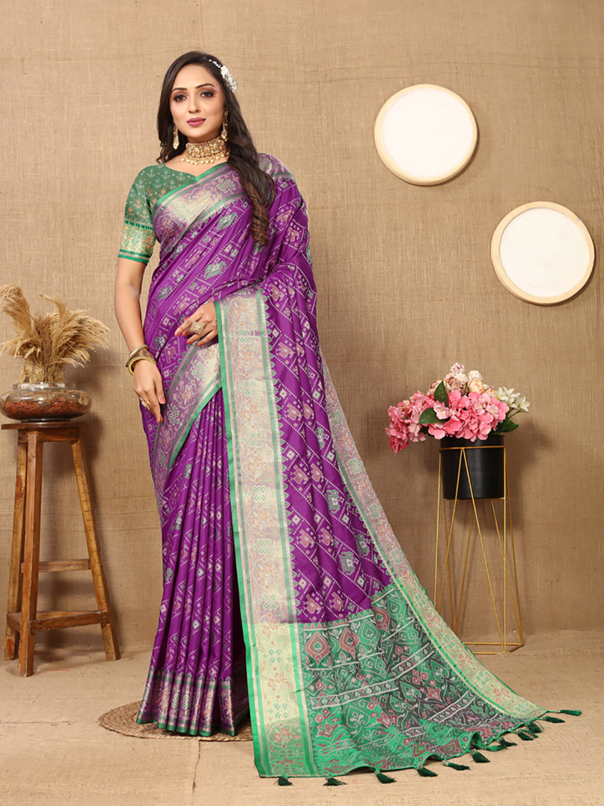 Lorenvalley Fashion Purple Patola Silk Woven Design with Zari Meenakari Weaving motifs Pallu Saree - Distacart