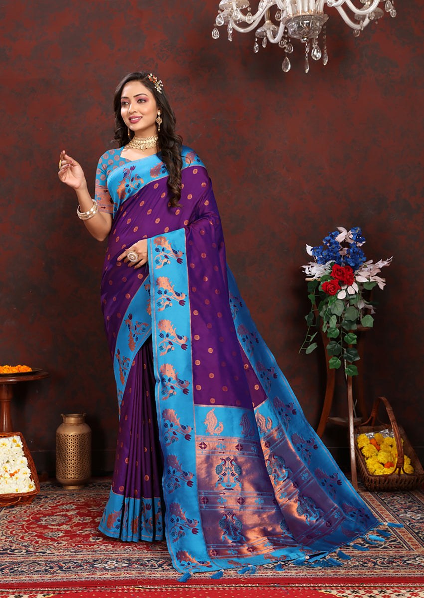 Lorenvalley Fashion Purple Soft Paithani Silk Woven Design Rich Zari Meenakari Weaving Saree - Distacart