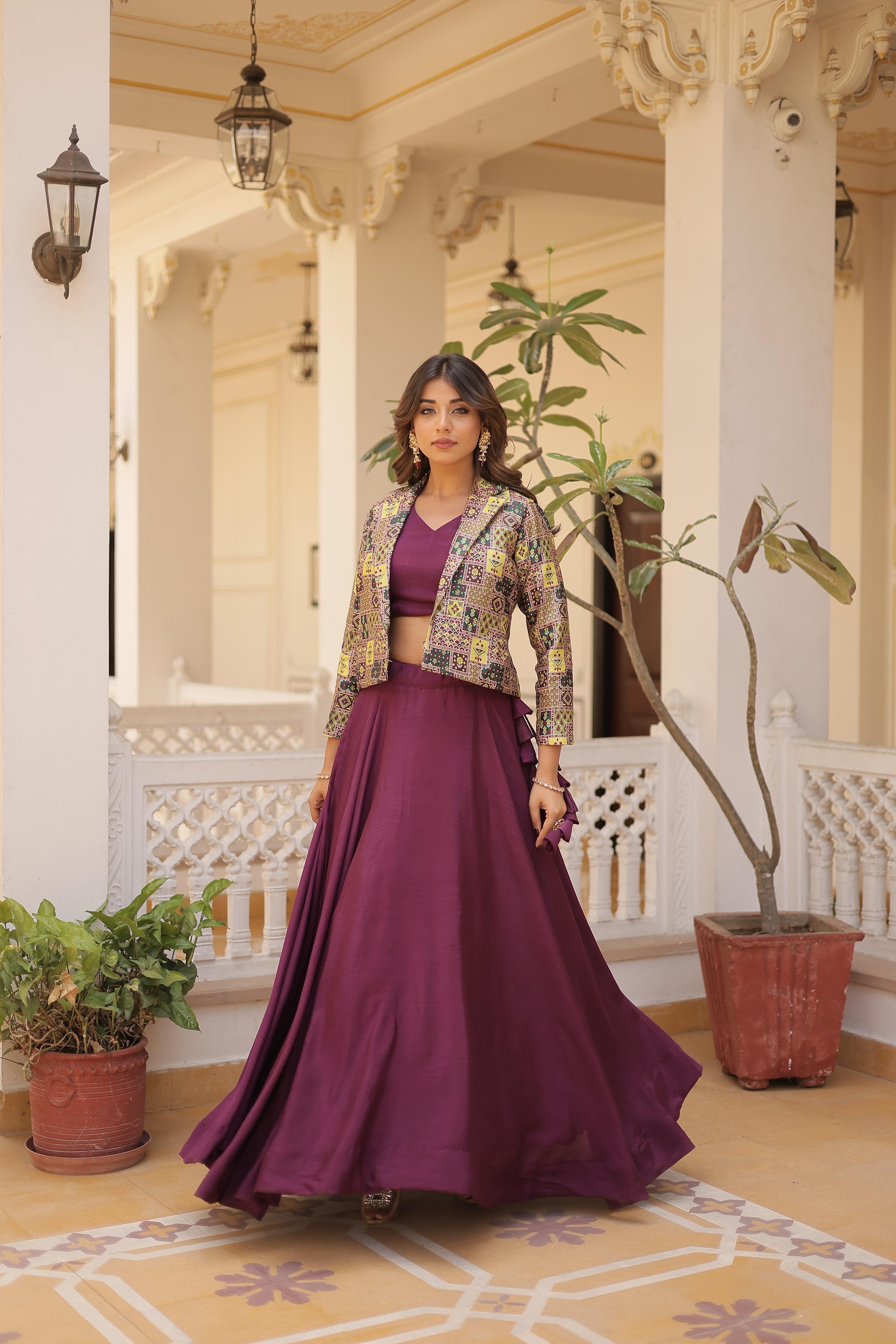 Lorenvalley Purple Premium Chinnon Lehenga Choli with Jacquard Woven Design Koti - Distacart