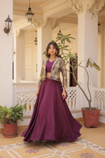 Thumbnail for Lorenvalley Purple Premium Chinnon Lehenga Choli with Jacquard Woven Design Koti - Distacart