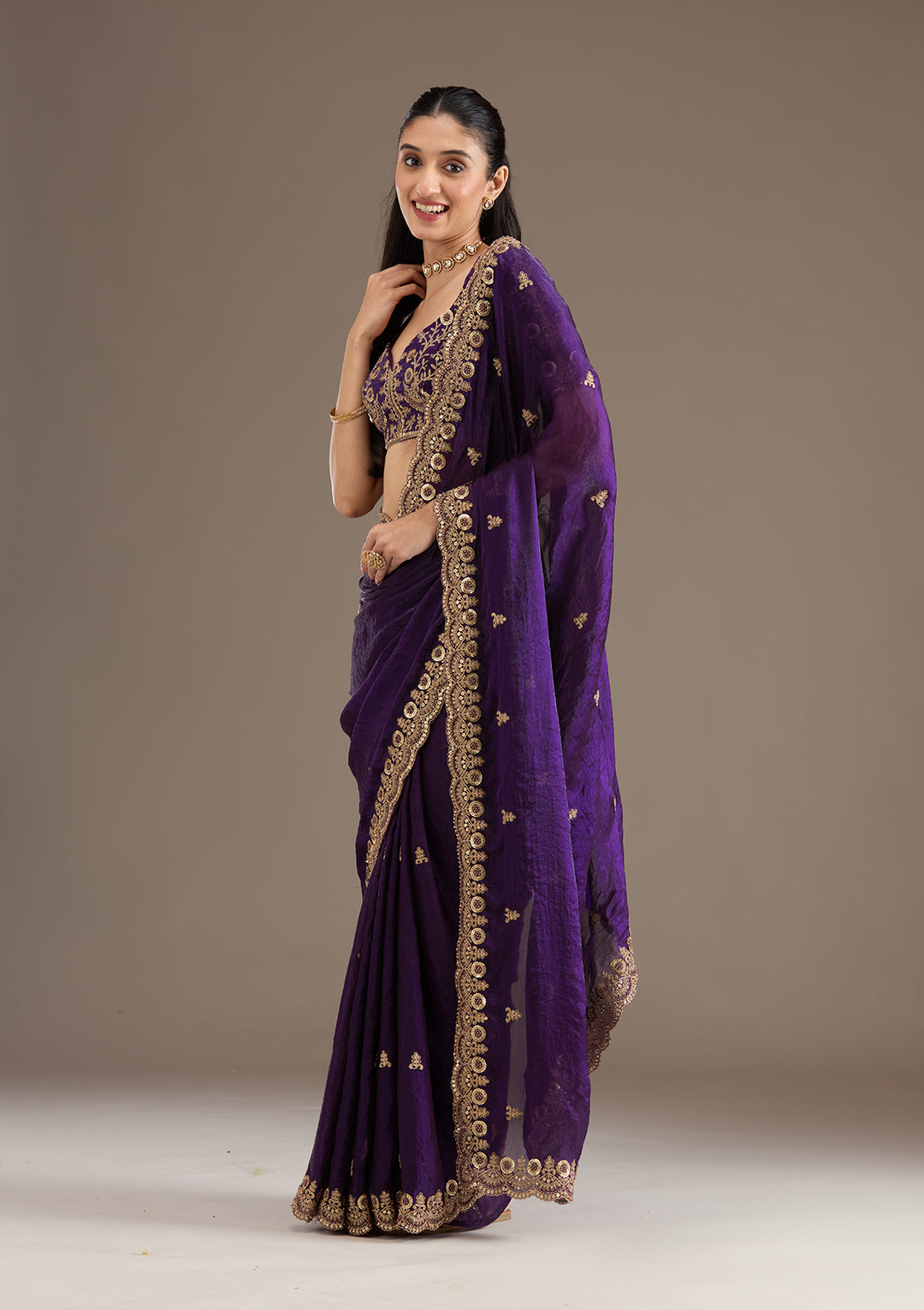 Lorenvalley Fashion Purple Fendi Satin with Embroidery Double Sequence Work Saree with Blouse