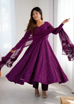 Thumbnail for Lorenvalley Purple Faux Georgette Lukhnowi Sequence Work Anarkali Kurta Pant With Dupatta Set
