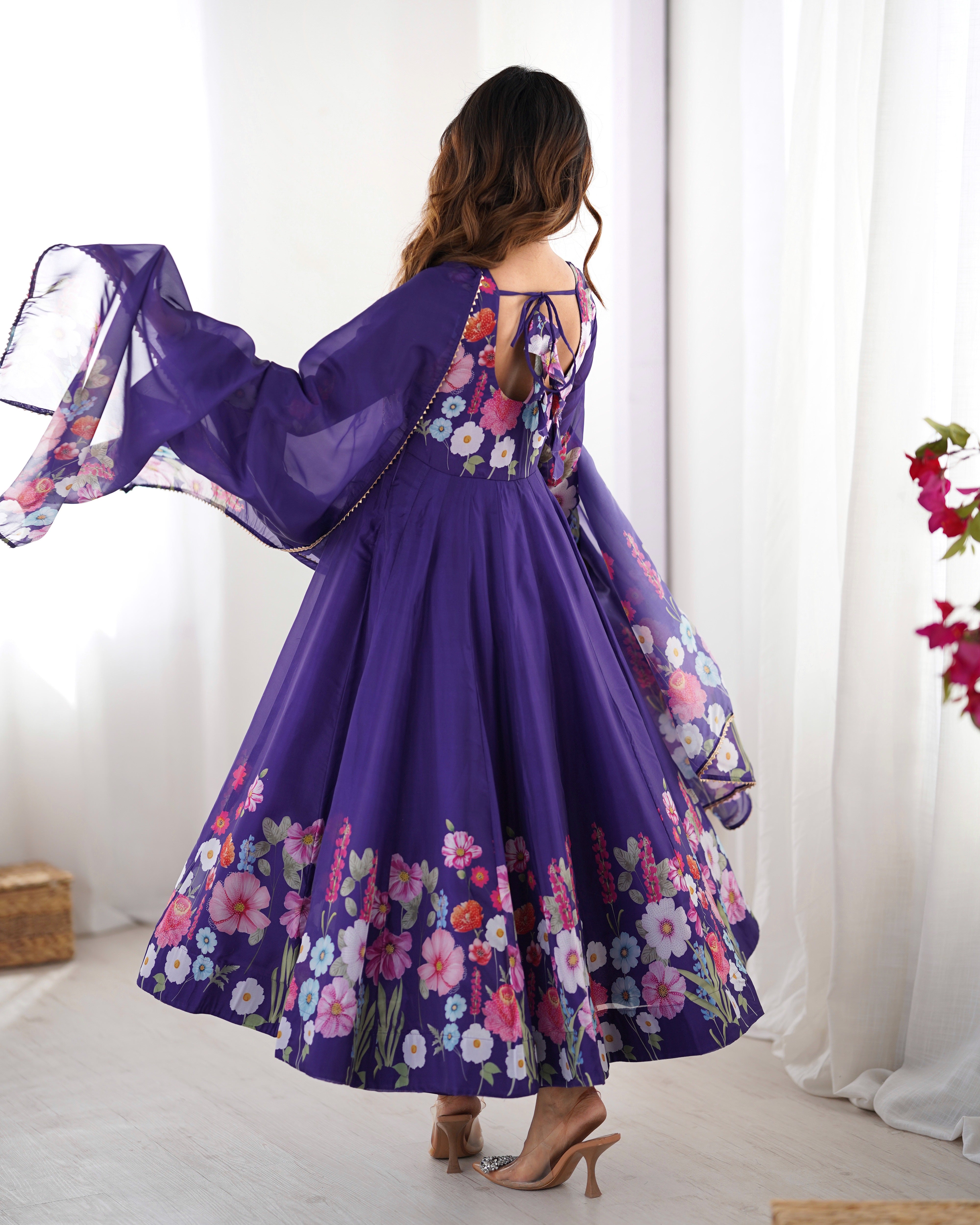 Lorenvalley Purple Soft Organza Silk With Floral Print Fully Flared Anarkali Pant With Dupatta Set