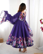 Thumbnail for Lorenvalley Purple Soft Organza Silk With Floral Print Fully Flared Anarkali Pant With Dupatta Set