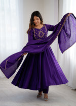 Thumbnail for Lorenvalley Fashion Purple Roman Chanderi Silk Handwork Beads Work Anarkali Pant with Dupatta - Distacart