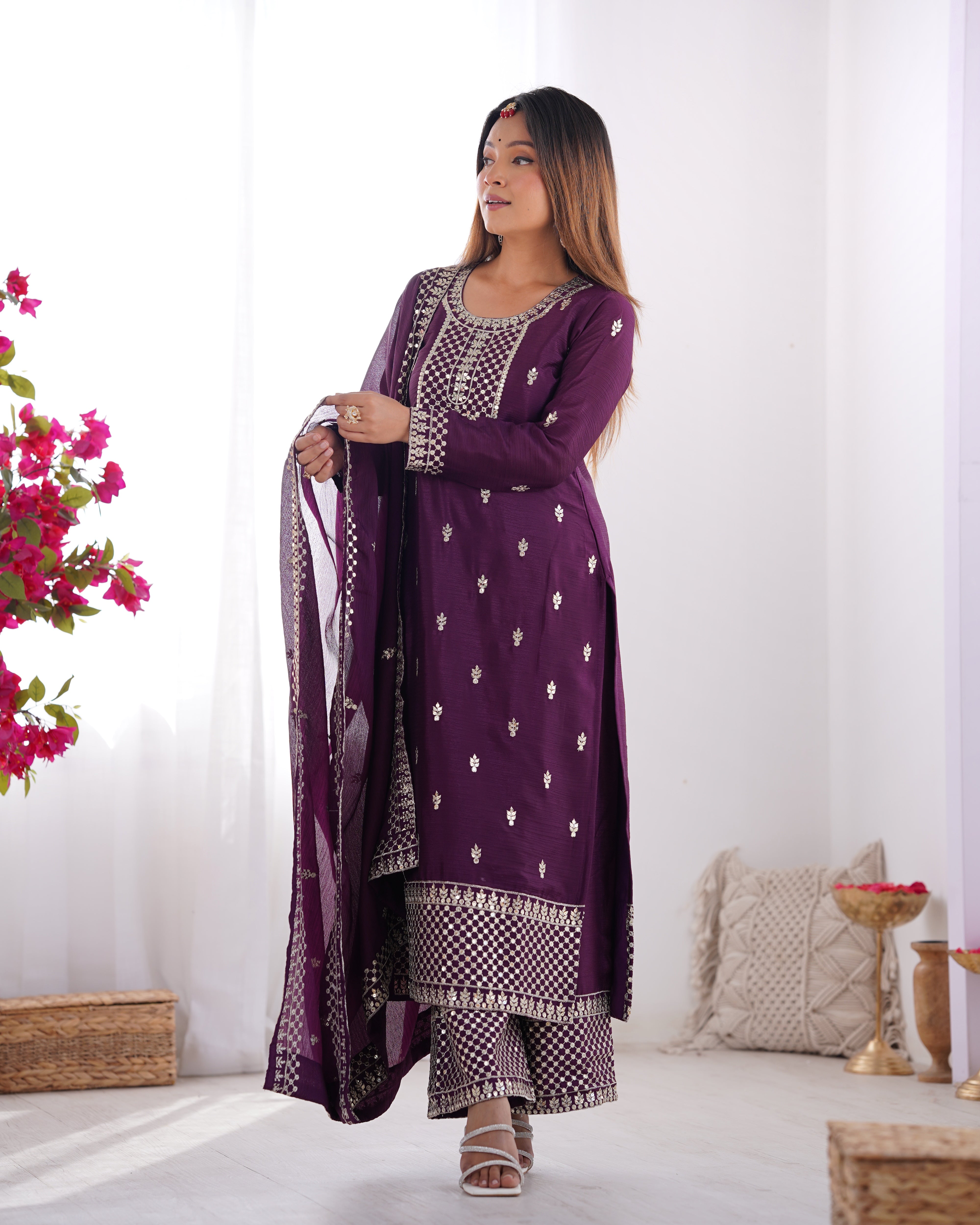 Lorenvalley Purple Chinon Silk Embroidery Sequence and Jari Work Kurta Trousers with Dupatta Set
