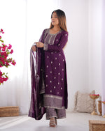 Thumbnail for Lorenvalley Purple Chinon Silk Embroidery Sequence and Jari Work Kurta Trousers with Dupatta Set