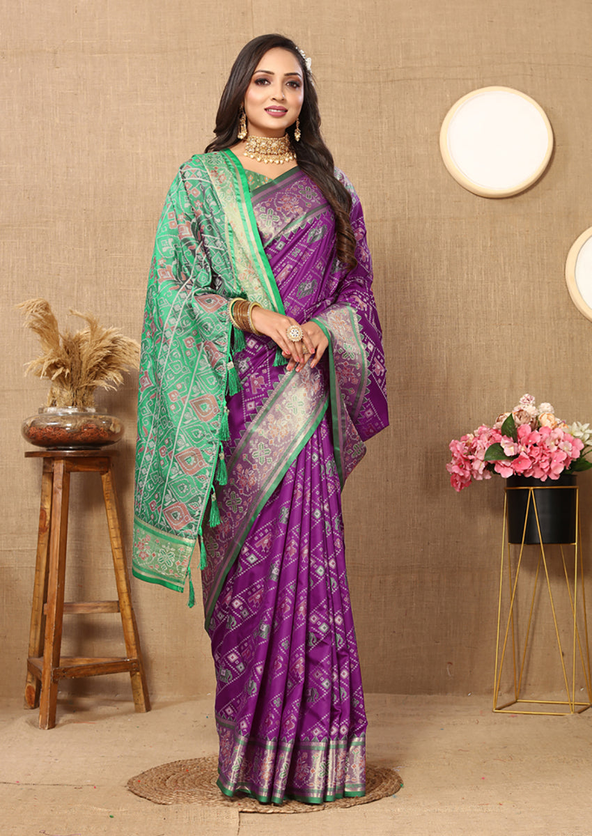 Lorenvalley Fashion Purple Patola Silk Woven Design with Zari Meenakari Weaving motifs Pallu Saree - Distacart