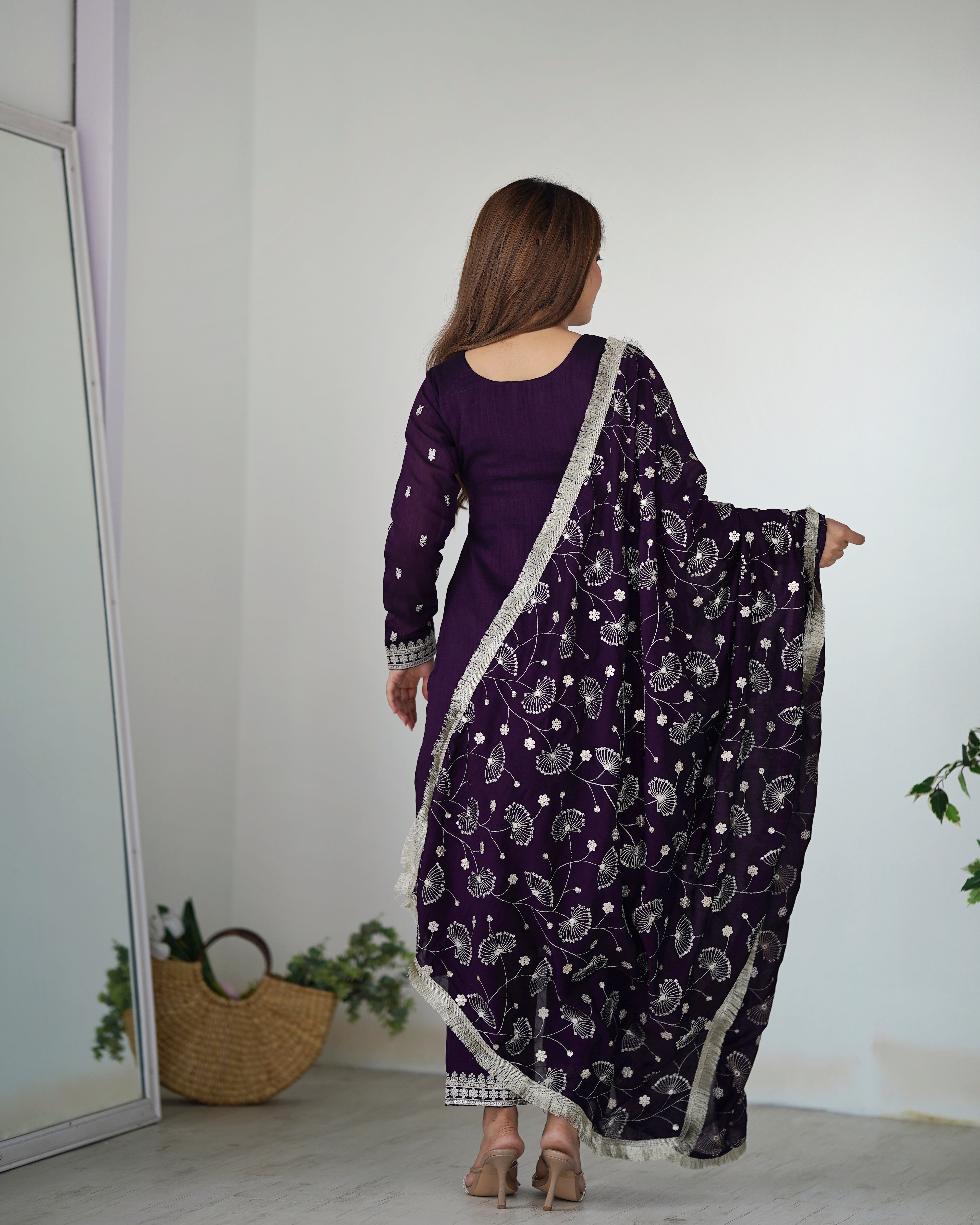 Lorenvalley Purple Rangoli Silk Embroidery Sequence and Jari Work Kurta Trousers with Dupatta Set