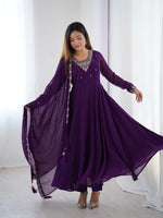 Thumbnail for Lorenvalley Purple Faux Georgette Fancy Embroidery Beads And Jari Work Anarkali Kurta Palazzo With Dupatta Set