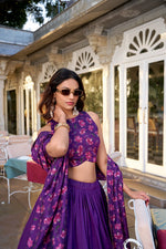 Thumbnail for Lorenvalley Purple Tussar Silk Floral Print With Foil Work Lehenga Choli with Dupatta - Distacart
